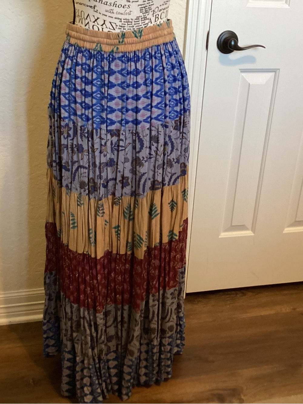 Sacred Threads Multi-Pattern Maxi Skirt in Blue, Tan & Burgundy